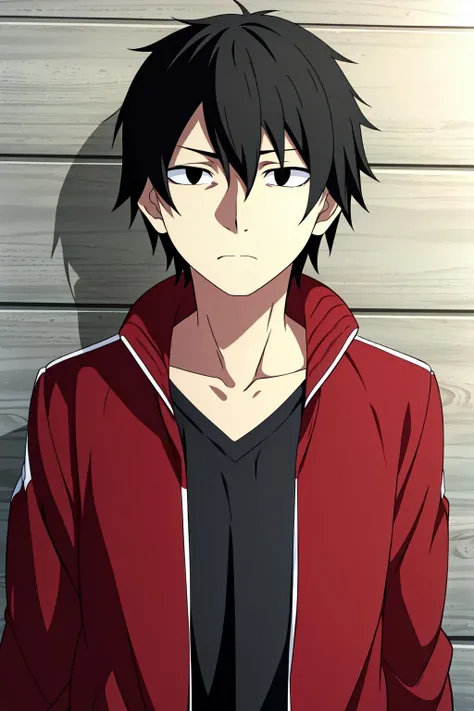 masterpiece, best quality, shintarou_kisaragi, 1boy, solo, standing, upper body, portrait, against wall, brick wall, straight-on, black hair, black eyes, sad, red jacket, (v-neck),