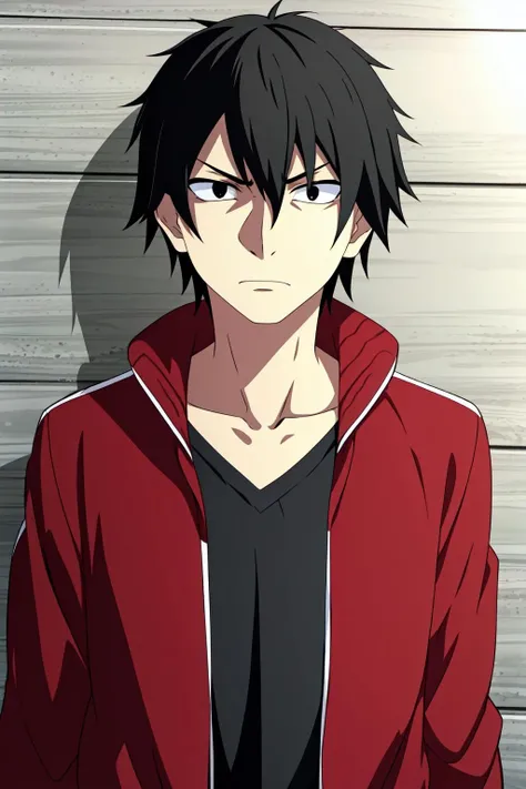masterpiece, best quality, shintarou_kisaragi, 1boy, solo, standing, upper body, portrait, against wall, brick wall, straight-on, black hair, black eyes, annoyed, red jacket, (v-neck),