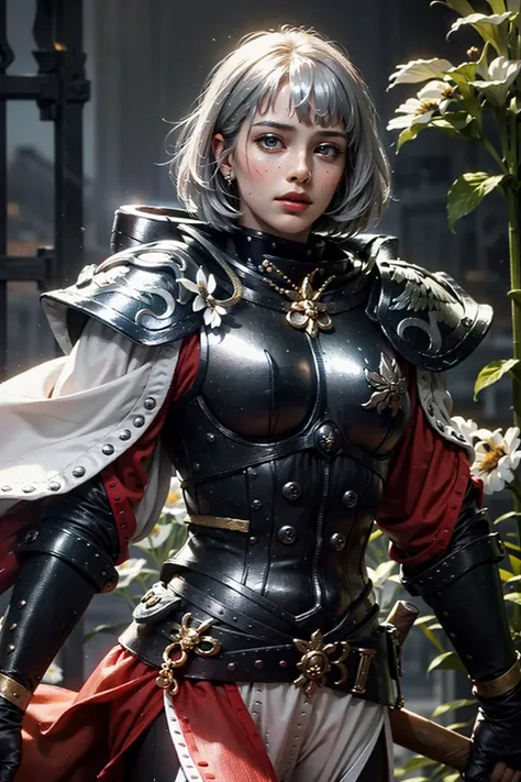 (1girl :1.3),portrait, woman, sister of battle, holding sword, dark background,(black and silver trim, black flower armor:1.5), (hdr:1.4), high contrast, (cinematic:0.85), (muted colors, dim colors, soothing tones:1.3), low saturation, smoke,shining sword,cluster amaryllis,wind,dragon loong spirit behind,<lyco:UnlimitedBladeWorksv0.4:0.8>,<lyco:GoodHands-beta2:1.0>, perfect anatomy, centered, approaching perfection, (athletic female), detailed face, short hair, white hair, bangs, feminine, nice breasts, beautiful detailed girl, extremely detailed fingers, cute, young, mature face, realistic face, realistic body,armour, adepta sororitas<lora:Adepta Sororitas MK1 by CARAXES:0.85>,