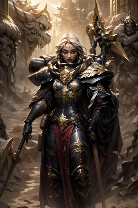 photo of 1girl, solo focus, jasmine, wearing adepta sororitas armor, mask details, bob hair, full armor, black armor, armor detail, eagle ornament, gold trimmings, pelvic curtain,  cape, holding polearm,  facial tattoo, <lora:tool - add_detail:0.6>
standing by desert storm, sandstorm, dune, dark ambiance,     <lora:subject - jasmineV3:0.7> <lora:Adepta Sororitas MK1 by CARAXES:0.75> <lyco:cosmetic - UnlimitedBladeWorks1.6:0.7>