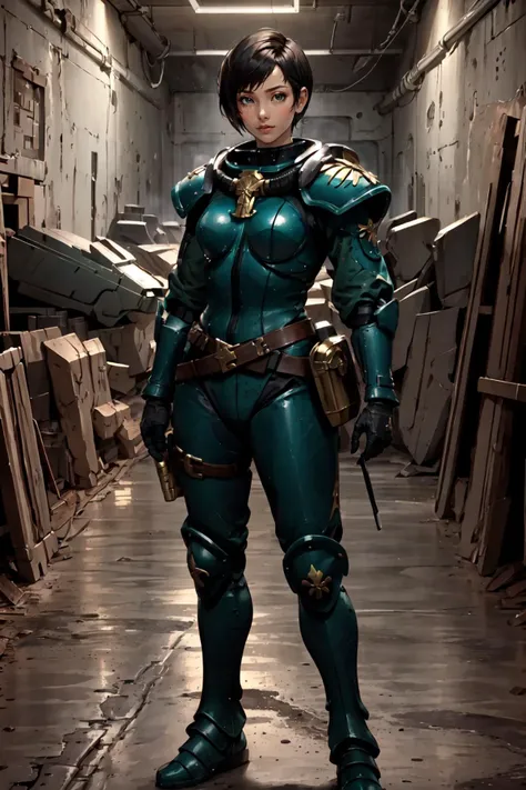 character portrait,masterpiece,best quality,1girl,ADEPTA SORORITAS,sister of battle,standing,(armor,wearing full armor,power armor:1.2),solo,(Filipina,tanned skin,southeast asian:1.2),(pixie cut,very short hair,black hair),(wearing dark green armor,wearing dark green bandana over hair),long sleeves,indoors,in concrete bunker,animeshort, <lora:Adepta Sororitas MK1 by CARAXES:0.6>, <lora:LORA-XenoDetailer-v2:0.1>, <lora:AnimeShort-10:0.6>