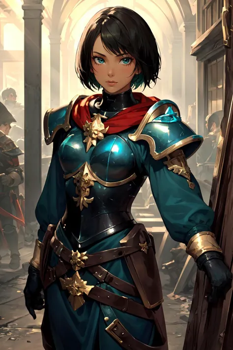character portrait,masterpiece,best quality,1girl,ADEPTA SORORITAS,sister of battle,standing,solo,(armor,wearing full armor,power armor:1.2),solo,(Filipina,tanned skin,southeast asian:1.2),(pixie cut,very short hair,black hair),(wearing dark green armor,wearing dark green bandana over hair),long sleeves,indoors,in concrete bunker, <lora:Adepta Sororitas MK1 by CARAXES:0.6>, <lora:LORA-XenoDetailer-v2:0.1>