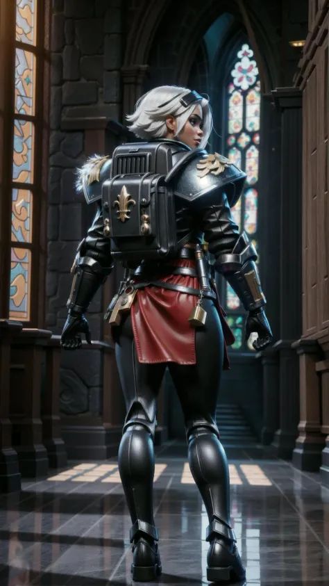 <lora:Adepta Sororitas, the Daughters of the Emperor - 40K:0.6> ADEPTA SORORITAS, (black/red power armor, backpack, :1.10), (pantyhose:1.25), mature female, (fleur de lis:1.25), <lora:hairdetailer:0.4> <lora:add_detail:0.4> BREAK,
(dark skin:1.15), (white hair:1.2), short hair, messy hair, yoga pants, (skirt:1.25), (loincloth:1.25), BREAK,
bookshelfs, (cathedral:1.25), (light shafts, god rays, illumination, glow, light particles:1.2), looking at viewer, from behind, looking back,, masterpiece, best quality, hyperrealistic, extremely detailed, highly quality, 4k, sharp focus, professional photograph, sharp focus, award winning, cinematic lighting, octane render, unreal engine, volumetrics dtx, Wallpaper,