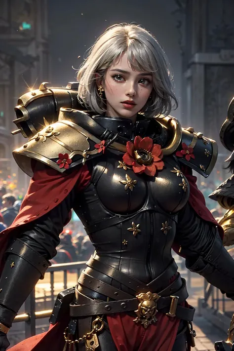 (1girl :1.3),portrait, woman, sister of battle, holding sword, dark background,(black and gold black flower armor:1.5), (hdr:1.4), high contrast, (cinematic:0.85), (muted colors, dim colors, soothing tones:1.3), low saturation, smoke,shining sword,cluster amaryllis,wind,dragon loong spirit behind,<lyco:UnlimitedBladeWorksv0.4:0.8>,<lyco:GoodHands-beta2:1.0>, perfect anatomy, centered, approaching perfection, (athletic female), detailed face, short hair, white hair, bangs, feminine, nice breasts, beautiful detailed girl, extremely detailed fingers, cute, young, mature face, realistic face, realistic body,armour, adepta sororitas<lora:Adepta Sororitas MK1 by CARAXES:0.75>,