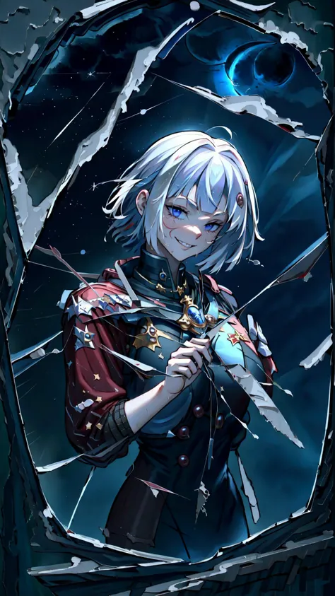 <lora:Adepta Sororitas MK1 by CARAXES:0.75>, ADEPTA SORORITAS, power armor, holding bloody knife, (white hair, bob cut:1.15), fleur de lis, BREAK, <hypernet:yandereGesugaoStyle_v10:0.8> (yandere, yandere trance, grin:1.25), BREAK, <lora:wet clothes:0.8> wecl, see-through, wet, wet hair, (wet hair, wet clothes:1.15), BREAK, <lora:bluestyle:0.5> phblue, scenery, (night sky, moon, starry sky, dark:1.5), BREAK, (blood on face, blood on clothes, blood, blood on glass:1.25) <lora:Brokenmirror_20230814164615:0.6> (Brokenmirror, broken glass:1.15), BREAK, masterpiece, best quality, extremely detailed, highly quality, 4k, sharp focus, professional, sharp focus, award winning, cinematic lighting, octane render, unreal engine, volumetrics dtx, Wallpaper,