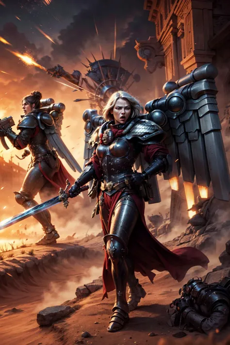 1girl, cowboy shot of gorgeous woman, ((mature woman)), ((firing a large rifle, muzzle flash, bullet casings)), white hair , bobcut , eyeliner , looking off camera, screaming in rage, angry expression , whsororitas, purity seals, black-red, leg armor, large pauldrons, (pelvic curtain), ((energy, light particles)), dark lighting, dramatic lighting, nighttime, (magic, magic_circle), perfect hands, ruined cathedral, broken walls, scattered stones, broken glass, indoors, highly detailed, absurdres, masterpiece, realistic, dynamic angles, dynamic posing, ((from side))