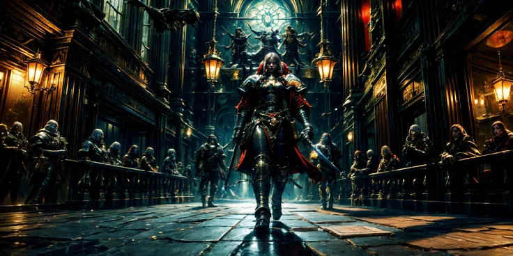Generate a stunning art style, a true [masterpiece] [best quality] of art. The image showcases [detailed linework], [dynamic shading], and [dramatic lighting], bringing to life a [dreading atmosphere, grim dark coloures] . In the background a [gothic hive spire city, warhammer 40k] is to be seen in [grand:1.8, high-scale:1.8, panorama:1.8]  from  [from below].
A adepta sororitas of bloody rose, solo:1.3 is [full body view, standing, from above ] in front of the edge of a tower. It is holding a [power_sword in its righthand]. It is wearing a [stunning full armor, full metal armor, wearing intricate ornamented metal armor, white pelvic curtain, bronze trimmings].
<lora:more_details:1>  <lora:Adepta Sororitas MK1 by CARAXES:0.7>