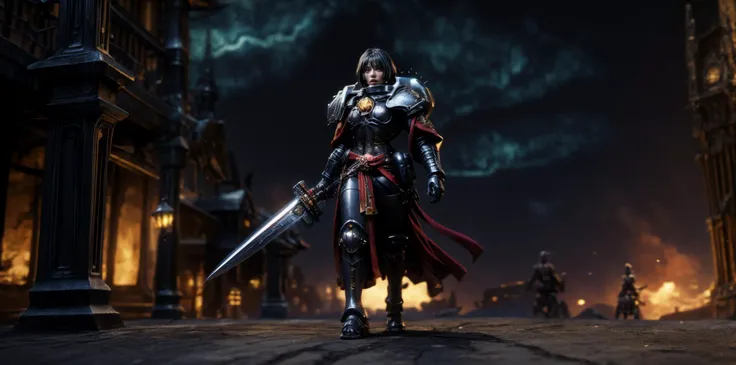Generate a stunning art style, a true [masterpiece] [best quality] of art. The image showcases [detailed linework], [dynamic shading], and [dramatic lighting], bringing to life a [dreading atmosphere, grim dark coloures] . In the background a [gothic hive spire city, warhammer 40k] is to be seen in [grand:1.8, high-scale:1.8, panorama:1.8]  from  [from below].
Masazumi Honda, as adepta sororitas of bloody rose, [long hair, black hair, ]solo:1.3 is [full body view, standing, from above ] in front of the edge of a tower. It is holding a [power_sword in its righthand]. It is wearing a [stunning full armor, full metal armor, wearing intricate ornamented metal armor, white pelvic curtain, bronze trimmings].
<lora:more_details:1>  <lora:Adepta Sororitas MK1 by CARAXES:0.7>  <lora:masazumi_honda-000052:1>