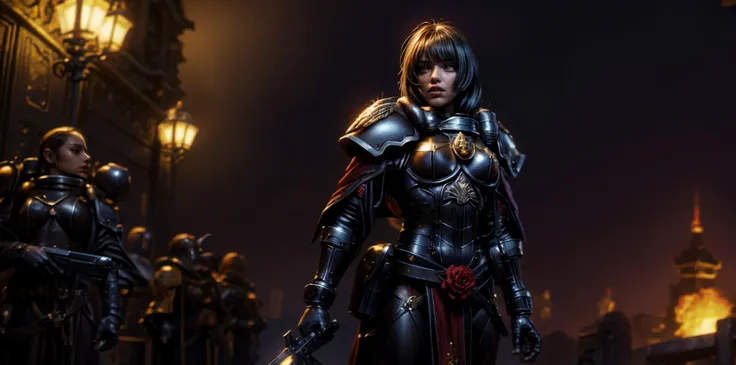 Generate a stunning art style, a true [masterpiece] [best quality] of art. The image showcases [detailed linework], [dynamic shading], and [dramatic lighting], bringing to life a [dreading atmosphere, grim dark coloures] . In the background a [gothic hive spire city, warhammer 40k] is to be seen in [grand:1.8, high-scale:1.8, panorama:1.8]  from  [from below].
Masazumi Honda, as adepta sororitas of bloody rose, [long hair, black hair, ]solo:1.3 is [full body view, standing, from above ] in front of the edge of a tower. It is holding a [power_sword in its righthand]. It is wearing a [stunning full armor, full metal armor, wearing intricate ornamented metal armor, white pelvic curtain, bronze trimmings].
<lora:more_details:1>  <lora:Adepta Sororitas MK1 by CARAXES:0.7>  <lora:masazumi_honda-000052:1>