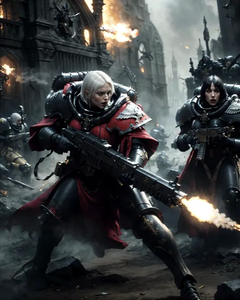 cinematic action shot of a group of sisters of battle, abstract concept art in the style of HR Giger, Apterus, Zdzislaw Beksinski,
(adepta sororitas:1.3), wearing full metal armor, (fleur de lis:1.2), holding weapon, (GUN, bolter:1.3), (scarlett johansson:0.9), bobcut white hair, (dark eyeshadow:1.1), goth makeup, detailed realistic skin, matte skin texture, skin imperfections, angry, grim, shouting, (firing at viewer:1.3), in battle, (fighting stance:1.1),
detailed background, gothic ruins in the background, war, smoke, fog, dim lighting, action movie poster,
dark art (masterpiece:1.1), (high resolution RAW photo, hdr:1.1) film grain, analog style, detailed, intricate, best quality, high quality, high res, absurdres, official art, grimdark, warhammer 40k,
<lora:Adepta Sororitas MK1 by CARAXES:0.7>