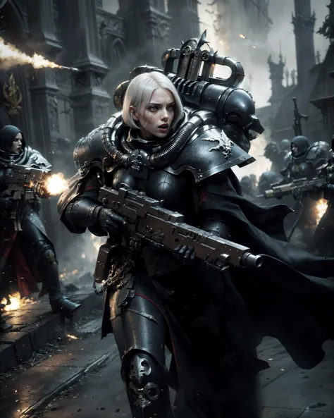 cinematic action shot of a group of sisters of battle, abstract concept art in the style of HR Giger, Apterus, Zdzislaw Beksinski,
(adepta sororitas:1.3), wearing full metal armor, (fleur de lis:1.2), holding weapon, (bolter:1.3), (scarlett johansson:0.8), bobcut white hair, (dark eyeshadow:1.1), goth makeup, detailed realistic skin, matte skin texture, skin imperfections, angry, grim, shouting, (firing at viewer:1.3), in battle, (fighting stance:1.1),
detailed background, gothic ruins in the background, war, smoke, fog, dim lighting, action movie poster,
dark art (masterpiece:1.1), (high resolution RAW photo, hdr:1.1) film grain, analog style, detailed, intricate, best quality, high quality, high res, absurdres, official art, grimdark, warhammer 40k,
<lora:Adepta Sororitas MK1 by CARAXES:0.7>