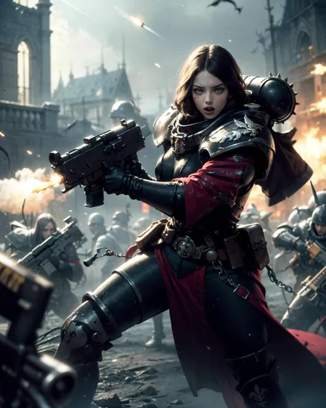 cinematic action shot of a group of sisters of battle, abstract concept art in the style of HR Giger, Apterus, Zdzislaw Beksinski,
(adepta sororitas:1.3), wearing full metal armor, (fleur de lis:1.2), holding weapon, (rifle, bolter:1.3), (scarlett johansson:0.9), bobcut black hair, (dark eyeshadow:1.1), goth makeup, detailed realistic skin, matte skin texture, skin imperfections, (angry, grim, shouting:1.2), (firing at viewer:1.3), in battle, (fighting stance:1.1),
detailed background, gothic ruins in the background, war, smoke, fog, (dim lighting:1.2), action movie poster,
dark art (masterpiece:1.1), (high resolution RAW photo, hdr:1.1) film grain, cinematic bokeh, depth of field, analog style, detailed, intricate, best quality, high quality, high res, absurdres, official art, grimdark, warhammer 40k,
<lora:Adepta Sororitas MK1 by CARAXES:0.7>