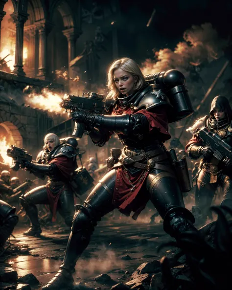 cinematic action shot of a group of adepta sororitas, abstract concept art in the style of HR Giger, Apterus, Zdzislaw Beksinski,
wearing full metal armor, (SISTER OF BATTLE:1.2), (fleur de lis:1.2), holding weapon, (rifle, bolter:1.3), (Charlize Theron:1.1), bobcut white hair, (messy hair:1.1), (dark eyeshadow:1.1), goth makeup, detailed realistic skin, matte skin texture, skin imperfections, (angry:1.1), shouting, (aiming, firing:1.1), in battle, (fighting stance:1.1),
detailed background, gothic ruins in the background, war, smoke, fog, (dim lighting:1.2), action movie poster, looking to the side,
dark art (masterpiece:1.1), (high resolution RAW photo, hdr:1.1) film grain, cinematic bokeh, depth of field, analog style, detailed, intricate, best quality, high quality, high res, absurdres, official art, grimdark, warhammer 40k, (multiple girls:1.1),
<lora:Adepta Sororitas MK1 by CARAXES:0.7>
