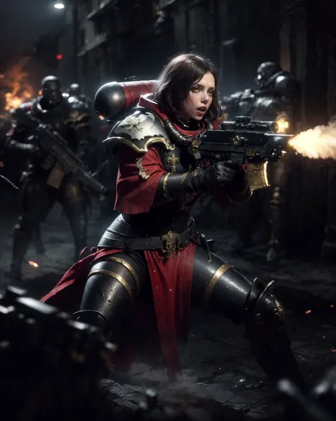 cinematic action shot of a group of (adepta sororitas:1.1), abstract concept art in the style of HR Giger, Apterus, Zdzislaw Beksinski,
wearing full metal armor, (BLOODY ROSE:1.3), (fleur de lis:1.3), holding weapon, (rifle, bolter:1.3), (scarlett johansson:1.1), bobcut black hair, (dark eyeshadow:1.1), goth makeup, detailed realistic skin, matte skin texture, skin imperfections, (angry, grim:1.1), shouting, (firing at viewer:1.3), in battle, (fighting stance:1.1),
detailed background, gothic ruins in the background, war, smoke, fog, (dim lighting:1.2), action movie poster,
dark art (masterpiece:1.1), (high resolution RAW photo, hdr:1.1) film grain, cinematic bokeh, depth of field, analog style, detailed, intricate, best quality, high quality, high res, absurdres, official art, grimdark, warhammer 40k,
<lora:Adepta Sororitas MK1 by CARAXES:0.7>