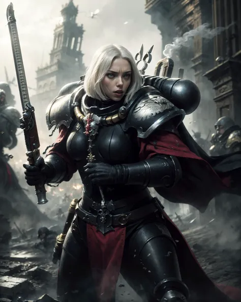 cinematic action shot of a group of sisters of battle, abstract concept art in the style of HR Giger, Apterus, Zdzislaw Beksinski,
(adepta sororitas:1.3), wearing full metal armor, (armored gloves, gauntlets, leg armor, breastplate :1.1), (fleur de lis:1.2), holding weapon, (sword, chainsword:1.3), (scarlett johansson:1.1), bobcut white hair, (dark eyeshadow:1.1), goth makeup, detailed realistic skin, matte skin texture, skin imperfections, angry, grim, (looking to the side, looking away:1.3), , in battle, (fighting stance:1.1),
detailed background, gothic ruins in the background, war, smoke, fog, dim lighting, action movie poster,
dark art (masterpiece:1.1), (high resolution RAW photo, hdr:1.1) film grain, analog style, detailed, intricate, best quality, high quality, high res, absurdres, official art, grimdark, warhammer 40k,
<lora:Adepta Sororitas MK1 by CARAXES:0.7>