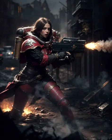 cinematic action shot of a group of (adepta sororitas:1.1), abstract concept art in the style of HR Giger, Apterus, Zdzislaw Beksinski,
wearing full metal armor, (BLOODY ROSE:1.2), (fleur de lis:1.2), holding weapon, (rifle, bolter:1.3), (scarlett johansson:1.0), bobcut black hair, (dark eyeshadow:1.1), goth makeup, detailed realistic skin, matte skin texture, skin imperfections, angry, grim, shouting, (firing at viewer:1.3), in battle, (fighting stance:1.1),
detailed background, gothic ruins in the background, war, smoke, fog, (dim lighting:1.2), action movie poster,
dark art (masterpiece:1.1), (high resolution RAW photo, hdr:1.1) film grain, cinematic bokeh, depth of field, analog style, detailed, intricate, best quality, high quality, high res, absurdres, official art, grimdark, warhammer 40k,
<lora:Adepta Sororitas MK1 by CARAXES:0.7>