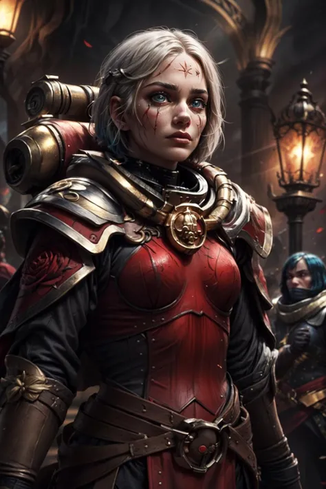 Photo of adepta sororitas, bloody rose, full armor, full metal armor, wearing intricate ornamented metal armor, stern face, bob cut, short hair, white hair,
solo, (female:1.2), epic, red armor, white pelvic curtain, bronze trimmings, blue pupils, facial scar,,
((upper body:1.3)) focus, close-up, banner background,
<lora:tool - add_detail:1> <lora:Adepta Sororitas MK1 by CARAXES:0.7>
