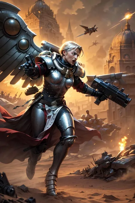 (comic style:1.2), cowboy shot, photo of a group of adepta sororitas, order of (argent shroud:1), wearing full armor, pelvic curtain, armor, helm details, full white platinum armor with silver detail, bronze trimmings, holding gun, holding sword,
battle, army, firing, gun, tense facial expression, (mechanical wings, flying :1.2)
standing by desert storm, sandstorm, dune, dark ambiance, ((dawn:1.2)), dim sun light, <lora:tool - add_detail:0.6> <lora:Adepta Sororitas MK1 by CARAXES:0.8> <lyco:cosmetic - UnlimitedBladeWorks1.6:0.6>