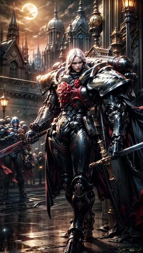 adepta sororitas of bloody rose piloting warsuit,  elite imperial enforcer patrolling the desert, holding sword, wearing detailed (highly ornamented exosuit:1.2) ,  scifi scene, ruined castle in far distance, moonlight,    <lyco:cosmetic - UnlimitedBladeWorks1.6:0.6> <lora:Adepta Sororitas MK1 by CARAXES:0.8> <lora:tool - more_details:1>