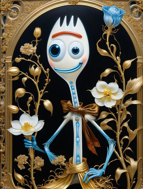 Forky  in style of Sveta Dorosheva and Hsiao Ron,hyperrealistic,award,surrealism,dark art by James Jean,alphonse mucha,Gold,Chalk Blue,Freesia,Bubonic Brown,White Acorn und Adobe,<lora:xl_more_art-full_v1:0.5>,<lora:sdxl_forky_ukj_v10_6:0.8>,ukj