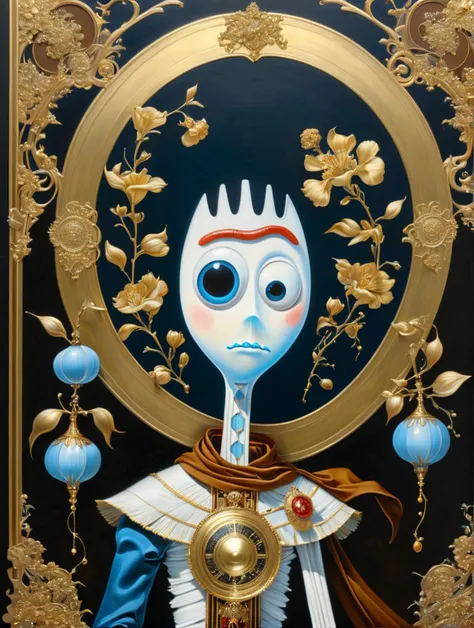 Forky  in style of Sveta Dorosheva and Hsiao Ron,hyperrealistic,award,surrealism,dark art by James Jean,alphonse mucha,Gold,Chalk Blue,Freesia,Bubonic Brown,White Acorn und Adobe,<lora:xl_more_art-full_v1:0.5>,<lora:sdxl_forky_ukj_v10_6:0.8>,ukj