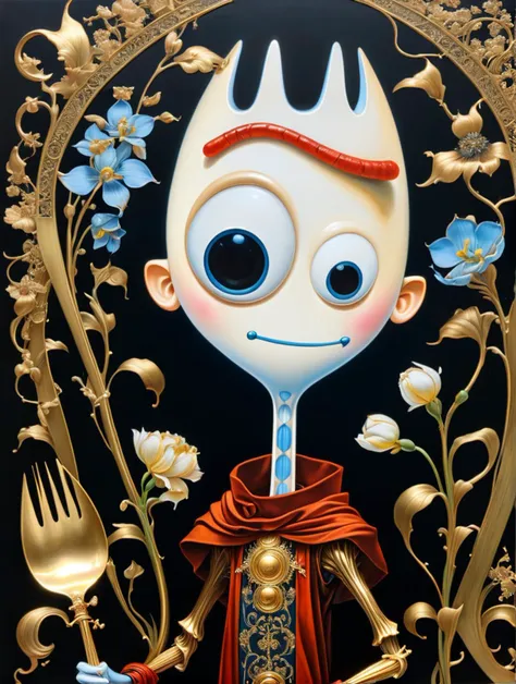 Forky  in style of Sveta Dorosheva and Hsiao Ron,hyperrealistic,award,surrealism,dark art by James Jean,alphonse mucha,Gold,Chalk Blue,Freesia,Bubonic Brown,White Acorn und Adobe,<lora:xl_more_art-full_v1:0.5>,<lora:sdxl_forky_ukj_v10_6:0.8>,ukj