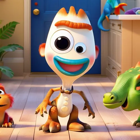 ukj full body pixar style 3g cgi<lora:sdxl_forky_ukj_v10_6:0.9> ((hilarious face, dinosaur))