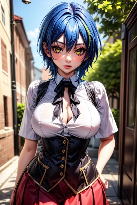 best quality, masterpiece, 1girl, raytracing, ultra detailed,detailed face, 8k wallpaper, (wide hips:1.2), <lora:more_details:0.5>, XenoviaQuarta_NDV, 1girl, multicolored hair, blue hair, large breasts, short hair, yellow eyes, school uniform, shirt, red skirt, cape, corset, <lora:XenoviaQuarta_NDV:0.7>, outdoor