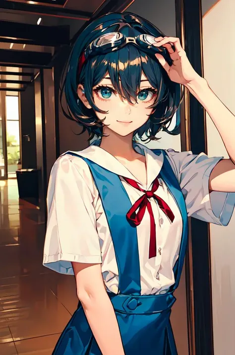 ultra detailed, masterpiece, best quality, solo, soft smile, light smile,
 <lora:eva school unifrom_20231114021315:1> eva school unifrom, 1girl, solo, tokyo-3 middle school uniform, || shirt, short sleeves, suspender skirt, neck ribbon,
1boy, green eyes, short hair, black hair, bangs, hair between eyes, messy hair, (goggles on head:1.3) ,