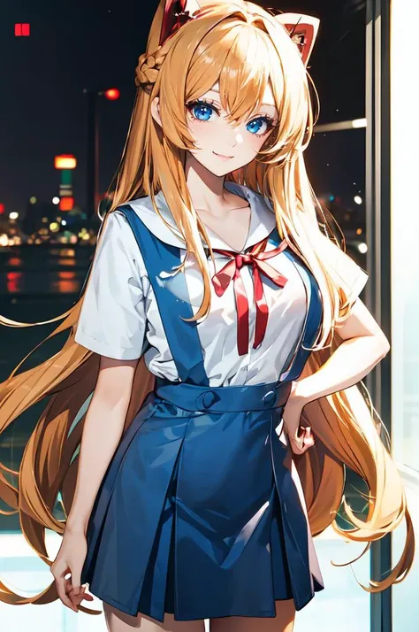 ultra detailed, masterpiece, best quality, solo, soft smile, light smile,
1girl, blue eyes, very long hair, blonde hair, long blonde hair, french braid, bangs, medium breasts,
 <lora:eva school unifrom_20231114021315:1> eva school unifrom, 1girl, solo, tokyo-3 middle school uniform, || shirt, short sleeves, suspender skirt, neck ribbon,