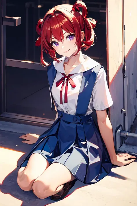 ultra detailed, masterpiece, best quality, solo, soft smile, light smile,
 <lora:eva school unifrom_20231114021315:1> eva school unifrom, 1girl, solo, tokyo-3 middle school uniform, || shirt, short sleeves, suspender skirt, neck ribbon,
1girl, purple eyes, red hair, blunt bangs, medium breasts, <lora:hair_rings:1> low hair rings,