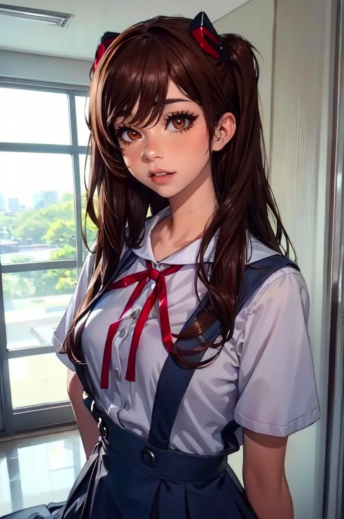 <lora:shoe:1> brown eyes, brown hair, long hair, <lora:eva school unifrom_20231114021315:0.75> eva school unifrom, 1girl, solo, tokyo-3 middle school uniform, shirt, short sleeves, suspender skirt, neck ribbon,, absurdres, ultra detailed, masterpiece, best quality, aesthetic, detailed,