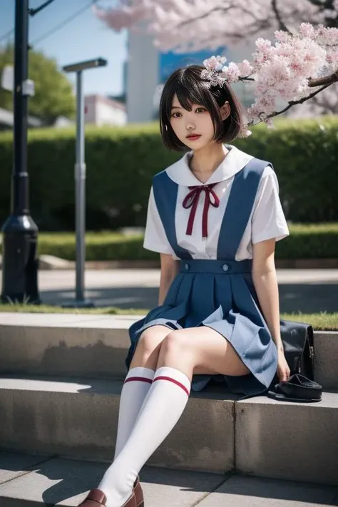 ultra-detailed,highly detailed,best quality,masterpiece,illustration,realistic,
eva school unifrom, 1girl, solo, tokyo-3 middle school uniform,
shirt, short sleeves, suspender skirt, neck ribbon,loafers,
pantyhose,
short hair, hime cut,
sitting on stairs, v arms,
outdoors, sky, day, blue sky,cosplay, cloud, wind,cherry blossoms, falling petals,
<lora:eva school unifrom_v1_01:0.7>