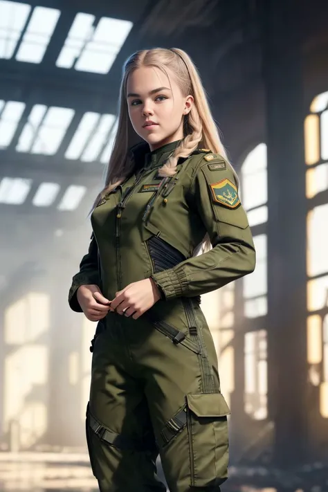 a photo of an attractive S051_Decima, in an (old factory:1.3), wearing a (military-suit:1.2), camouflage jacket and pants, (8k, RAW photo, best quality, ultra high res, photorealistic, masterpiece, ultra-detailed, Unreal Engine)