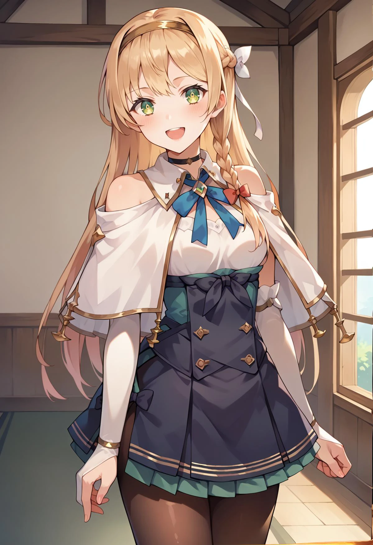 score_9, score_8_up, score_7_up, score_6_up, score_5_up, score_4_up, source_anime, indoors,
(masterpiece, best quality), fcDetailPortrait, solo, 1girl, klaudiaryza1base, long hair, braid, hairband, hair ribbon,
klaudiadefshirt, klaudiadefskirt, white capelet, detached collar, buttons, choker, bare shoulders, elbow gloves, thighband pantyhose, brown pantyhose,
looking at viewer, blush, smile, open mouth,
standing,