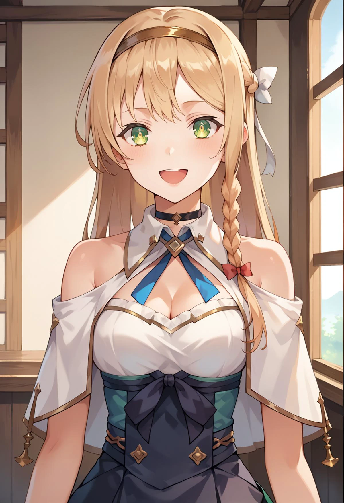 score_9, score_8_up, score_7_up, score_6_up, score_5_up, score_4_up, source_anime, indoors,
(masterpiece, best quality), fcDetailPortrait, solo, 1girl, klaudiaryza1base, braid, hairband, hair ribbon, medium breasts,
klaudiadefshirt, klaudiadefskirt, white capelet, cleavage, detached collar, choker, bare shoulders,
looking at viewer, smile, open mouth,
upper body,
<lora:_klaudia_ryza1-elesico:1>