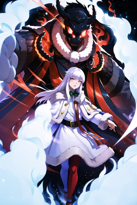 Highly detailed, High Quality, Masterpiece, beautiful, solo, 1girl, susanoo, ((inside a glowing giant)), aura surrounding, glowing eyes, smoke, flare, electricity, plasma, <lora:Pos_Susanoo:1>, lysitheawinter, christmas, white dress, fur trim, long sleeves, fur-trimmed cape, red pantyhose, <lora:Char_FireEmblem_Lysithea:1>