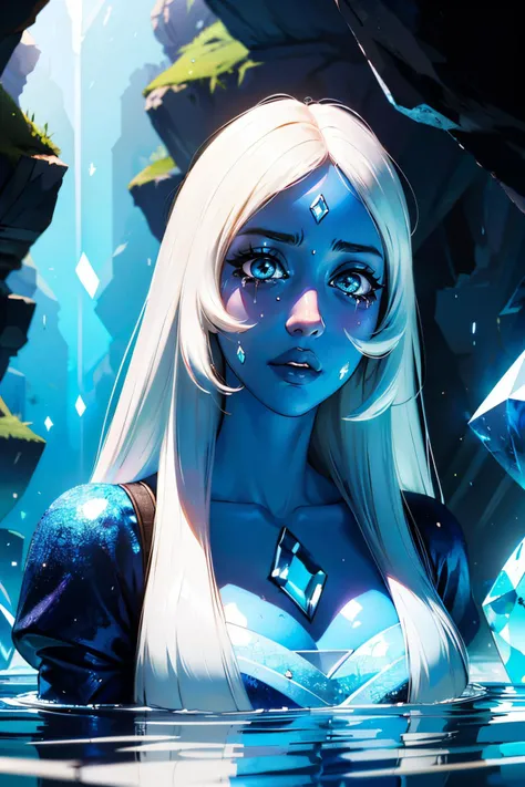 Bledim, white hair, blue skin, blue eyes, gem between collarbone, long hair, blue dress, looking at viewer, sad, tears down face,
inside a cave, crystals, glowing water, extreme detail, masterpiece, fantasy, <lora:BlueDiamond:1>