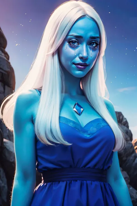 Bledim, giantess, white hair, blue colored skin, blue eyes, gem between collarbone, long hair, blue dress, looking at viewer, smiling, tears down face, crying,
standing, outside, cliff, from_below, twilight sky, dusk, extreme detail, masterpiece, fantasy, <lora:BlueDiamond:1> <lora:ColoredSkin:.8>