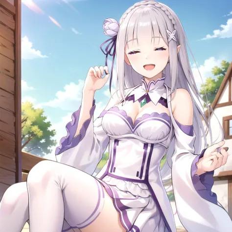 best quality, detailed, masterpiece, 1girl, Emilia, slightly pointed ears, white_dress, skirt, detached_sleeves, bare_shoulders, white_legwear, medieval town, sunny, cute, happy, cleavage, open mouth, (eyes closed), <lora:EmiliaV2:0.6>,  <lora:EmiliaOutfitV2-Lora:0.7>