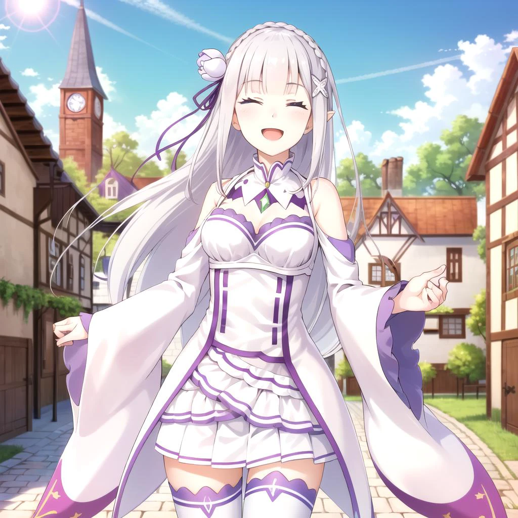 best quality, detailed, masterpiece, 1girl, Emilia, slightly pointed ears, white_dress, skirt, detached_sleeves, bare_shoulders, white_legwear, medieval town, sunny, cute, beautiful, happy, open mouth, (eyes closed), long hair, <lora:EmiliaV2:0.6>, <lora:EmiliaOutfitV2-Lora:0.7>