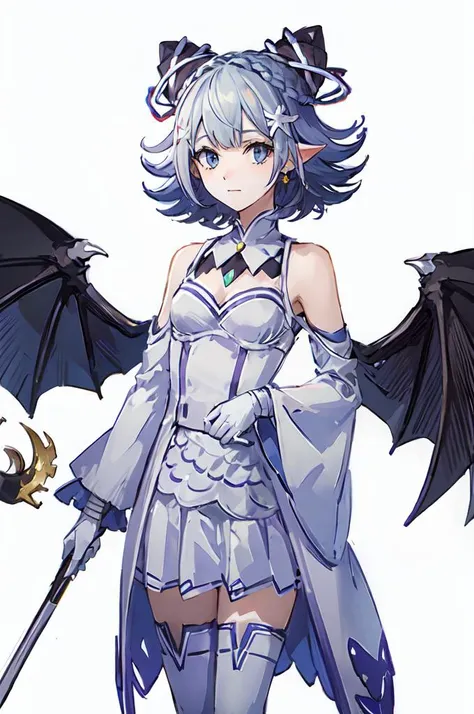  Outside castle top  High level image quality　best image quality　8K　 adult woman   silver castle outside  more colors   whole body view　portrait　 bikini   　horn    ears  　short hair（（shortcut）（gray hair）（perm）（fluffy））　eye color is blue ,  , 　attractive evil face , smile   ,  sexy pose   ,  labrynth ,  barearm    , wearing pink , wings    , sitting on big  throne , weapon behind  , crossed legs, view foot arc    