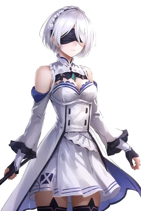 <lora:EmiliaOutfitV2-Lora:0.86>, Emilia, 1girl, white_dress, skirt, gold_eagle_on_sleeves, white_hair, blindfold, emotionless, medium_breasts, 2b, <lora:2b_V1:0.7>