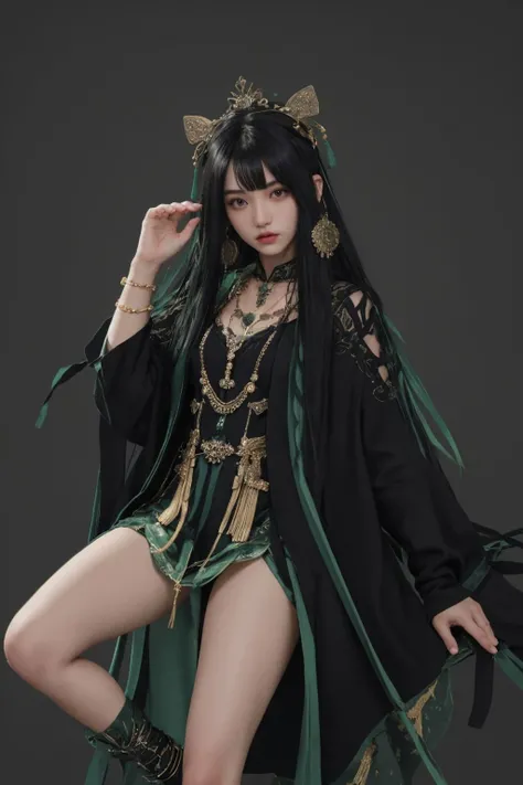 <lora:Qu-Punishing Gray Raven:0.6>, qu,multicolored hair,black and green hair,long hair,hair ornament,tiara,chinese clothes,long sleeves,bracelet,necklace,ribbon,black footwear,side slit, high slit, thighs,cowboy shot,, (masterpiece, best quality, high quality, highres, ultra-detailed),