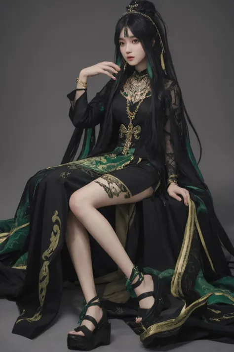 <lora:Qu-Punishing Gray Raven:0.6>, qu,multicolored hair,black and green hair,long hair,hair ornament,tiara,chinese clothes,long sleeves,bracelet,necklace,ribbon,black footwear,side slit, high slit, thighs,, (masterpiece, best quality, high quality, highres, ultra-detailed),