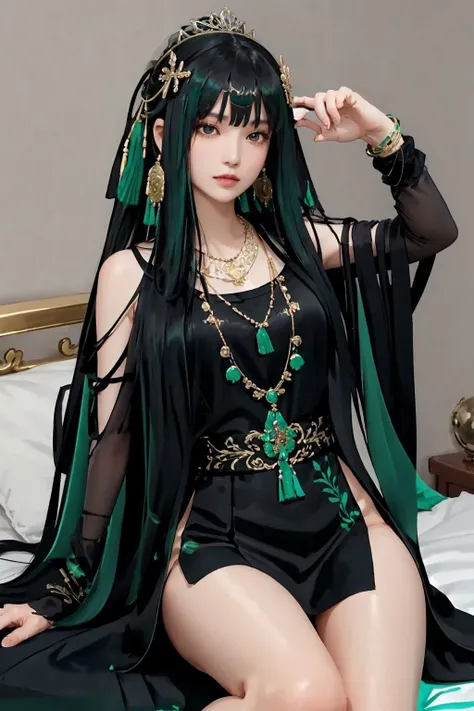 <lora:Qu-Punishing Gray Raven:0.7>, qu,black and green hair,long hair,hair ornament,tiara,chinese clothes,long sleeves,bracelet,necklace,ribbon,black footwear,side slit, thighs,cowboy shot, lying, on bed, (masterpiece, best quality, high quality, highres, ultra-detailed),