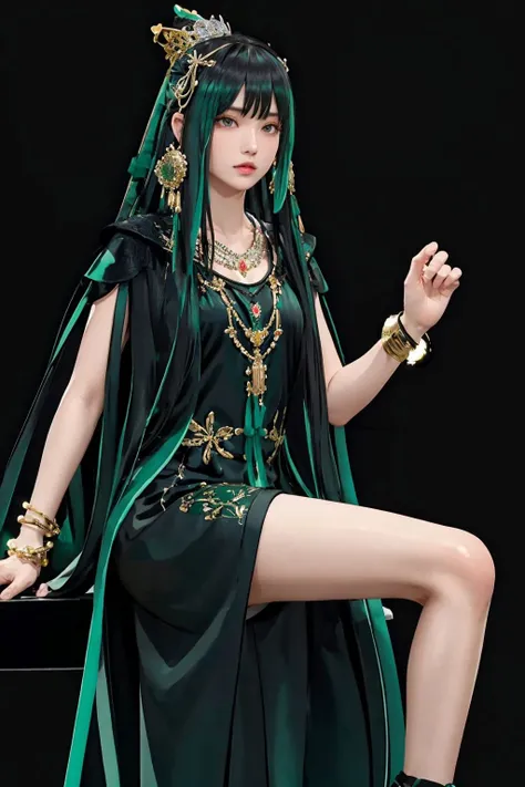 <lora:Qu-Punishing Gray Raven:0.7>, qu,black and green hair,long hair,hair ornament,tiara,chinese clothes,long sleeves,bracelet,necklace,ribbon,black footwear,side slit, thighs,cowboy shot,, (masterpiece, best quality, high quality, highres, ultra-detailed),