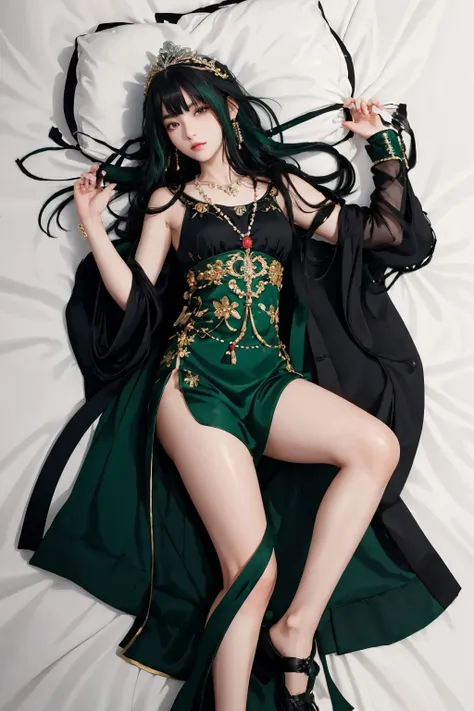 <lora:Qu-Punishing Gray Raven:0.7>, qu,black and green hair,long hair,hair ornament,tiara,chinese clothes,long sleeves,bracelet,necklace,ribbon,black footwear,side slit,  thighs,cowboy shot, lying, on bed, (masterpiece, best quality, high quality, highres, ultra-detailed),