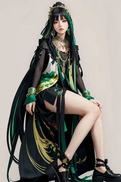 <lora:Qu-Punishing Gray Raven:0.7>, qu,multicolored hair,black and green hair,long hair,hair ornament,tiara,chinese clothes,long sleeves,bracelet,necklace,ribbon,black footwear,side slit, thighs,cowboy shot,, (masterpiece, best quality, high quality, highres, ultra-detailed),