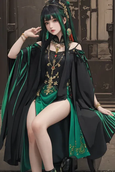 <lora:Qu-Punishing Gray Raven:0.7>, qu,multicolored hair,black and green hair,long hair,hair ornament,tiara,chinese clothes,long sleeves,bracelet,necklace,ribbon,black footwear,side slit, high slit, thighs,cowboy shot,, (masterpiece, best quality, high quality, highres, ultra-detailed),